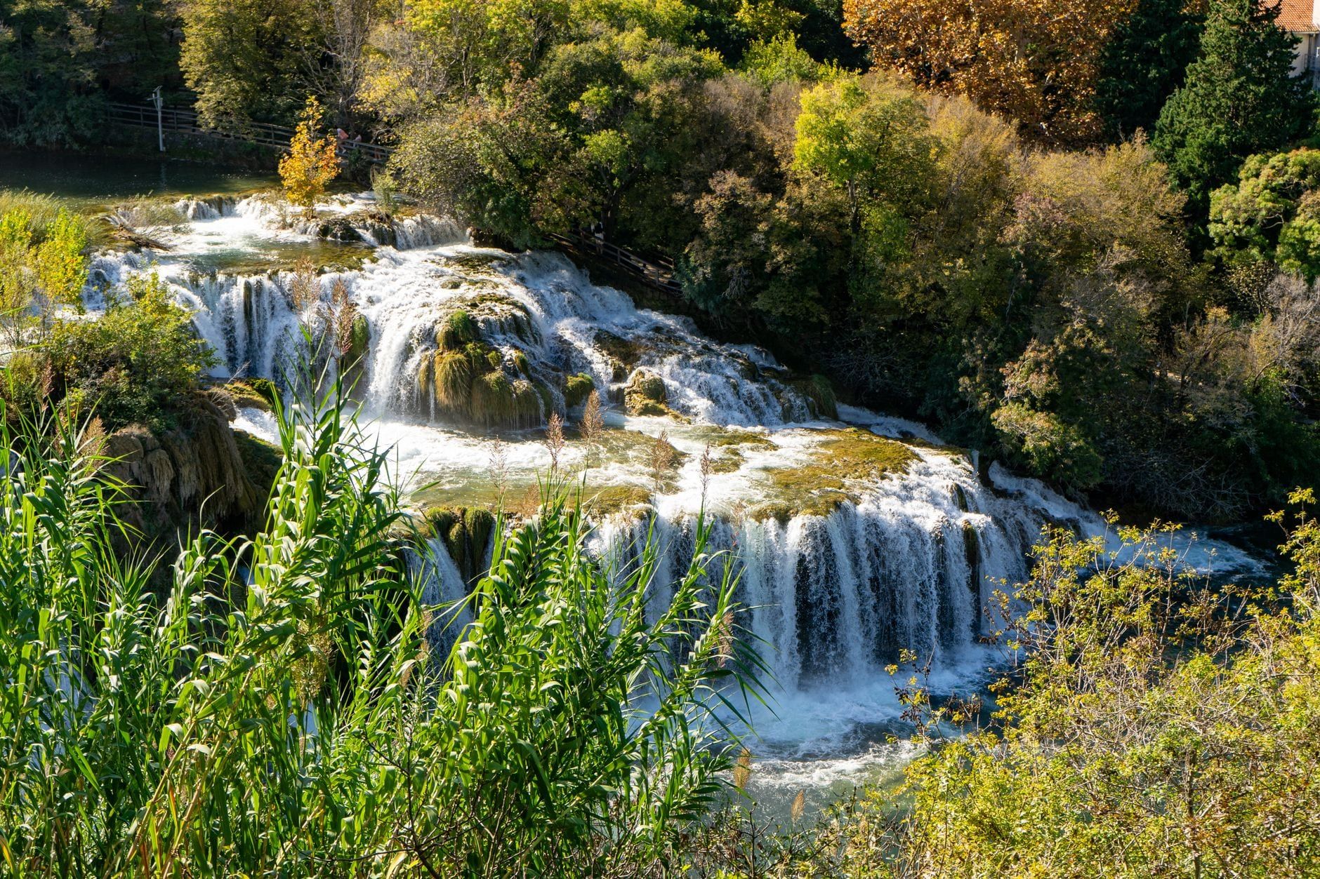 Tiered waterfalls cascade over travertine terraces surrounded by lush trees and vegetation at Krka National Park.
