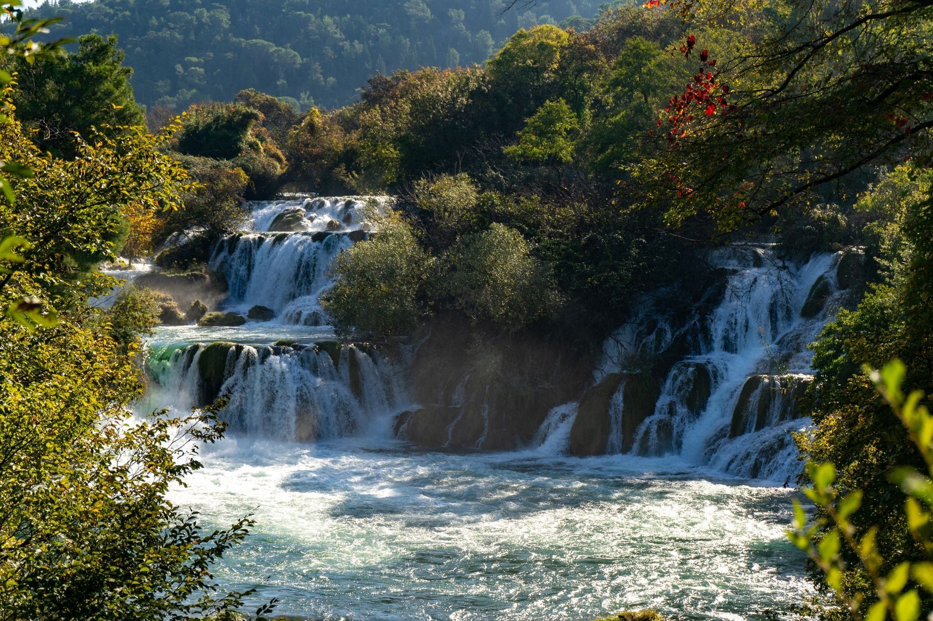 Kaskadierende Wasserfälle fließen über gestufte Travertinstufen, umgeben von üppigem Wald, im Nationalpark Krka.
